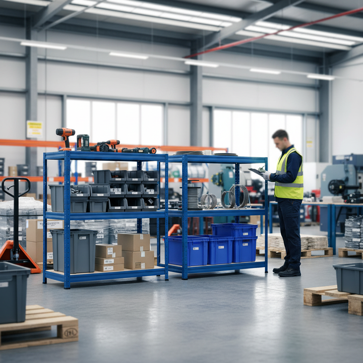Premium Half Height Shelving Units - 900mm High - 200/280kg Capacity - Blue - Front view