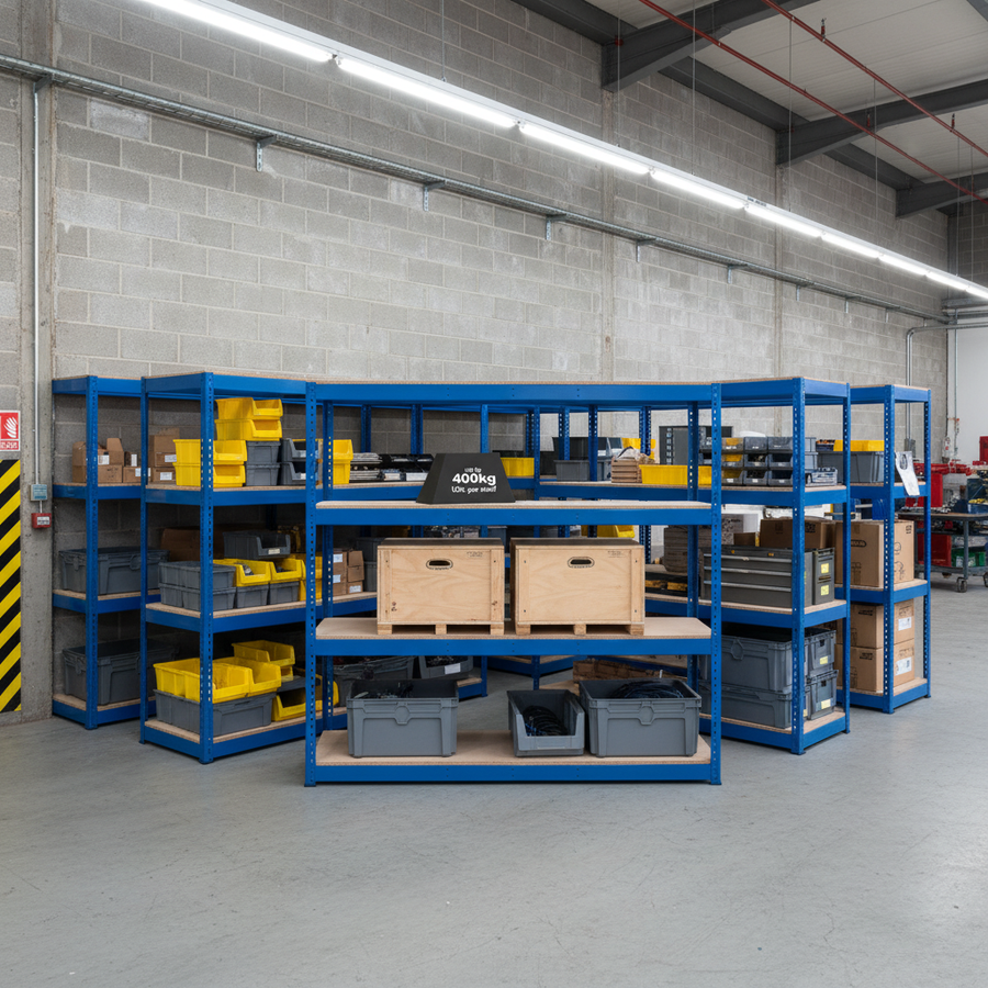 5-Level Heavy Duty Industrial Shelving - 1980mm High - 400kg Capacity - Chipboard - Blue - Front view
