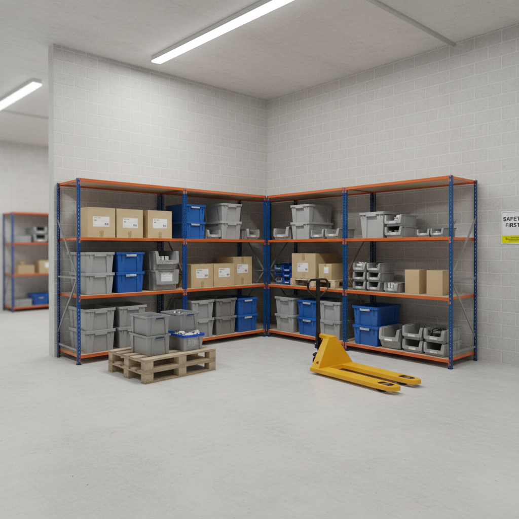 5x Heavy Duty Industrial Shelving - 1980mm High - 340kg Capacity - Chipboard - Blue & Orange - Front view