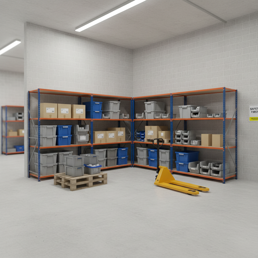 5x Heavy Duty Industrial Shelving - 1980mm High - 340kg Capacity - Chipboard - Blue & Orange - Front view