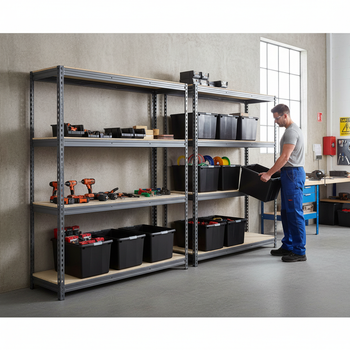 2x Premium Heavy Duty Shelving - 1800mm High - Grey with 8x 62L Plastic Storage Boxes