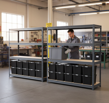 2x Premium Heavy Duty Shelving - 1770mm High - Grey with 8x 37L Plastic Storage Boxes