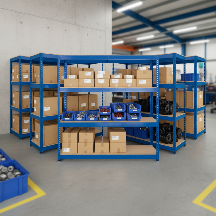 5x Heavy Duty Industrial Shelving - 2440mm High - 400kg Load Capacity - Chipboard - Front view
