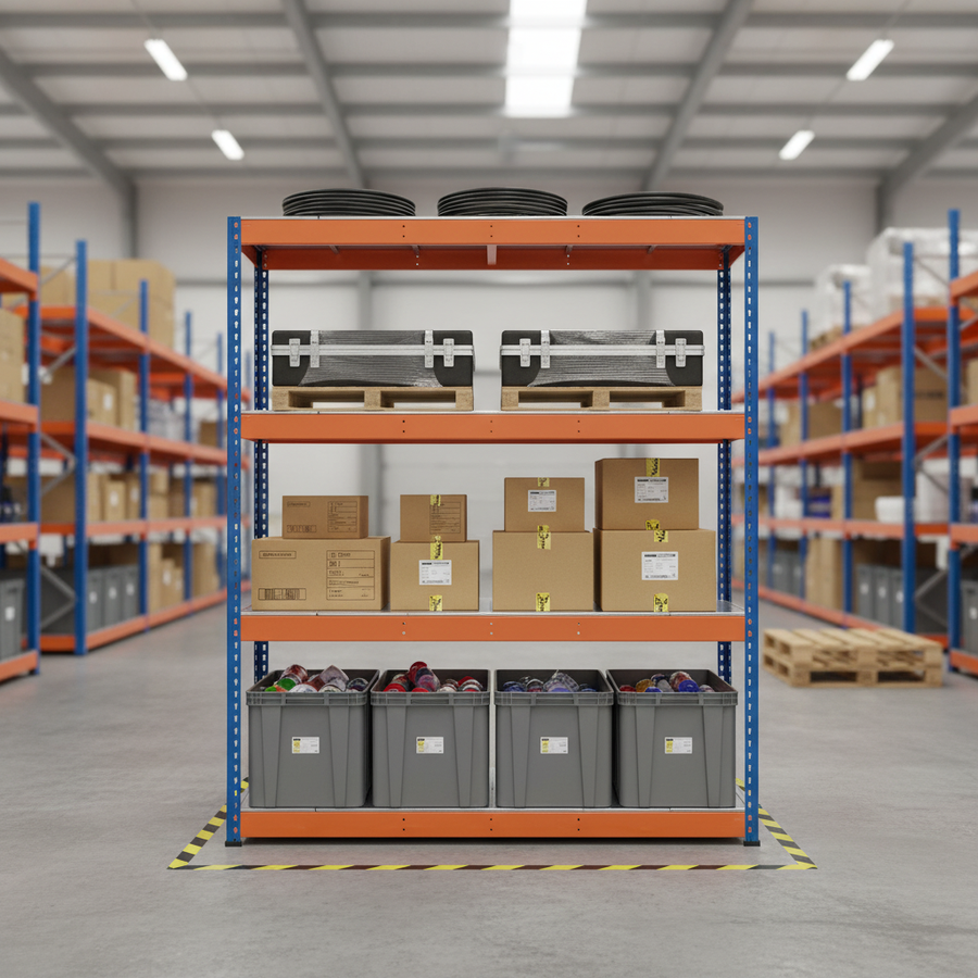 Premium Heavy Duty Industrial Shelving - 1677mm High - 400kg Capacity - Steel - Blue & Orange - Front view