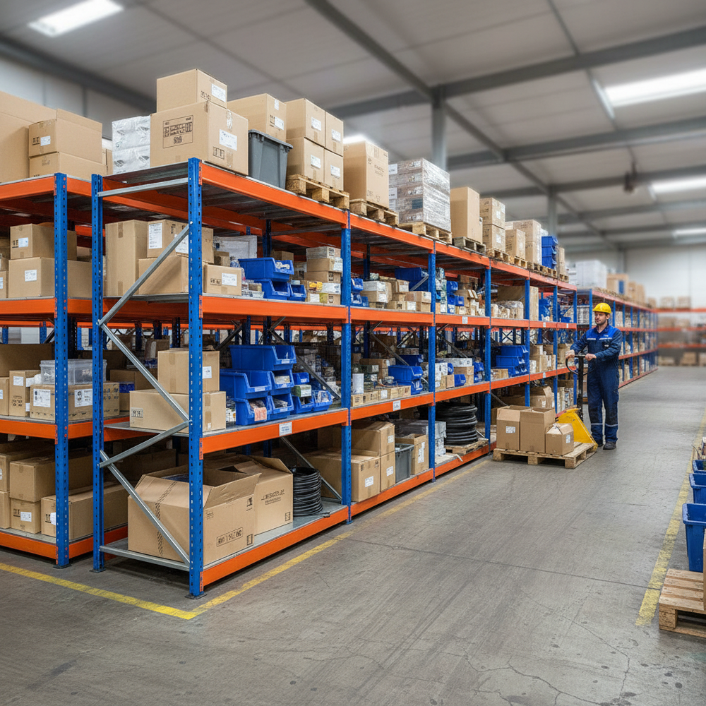 5x Heavy Duty Industrial Shelving - 2440mm High - 400kg Capacity - Steel - Blue & Orange - Side view