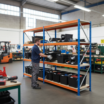 3x Premium Heavy Duty Shelving - 2000mm High - Blue & Orange with 8x 37L Plastic Storage Boxes
