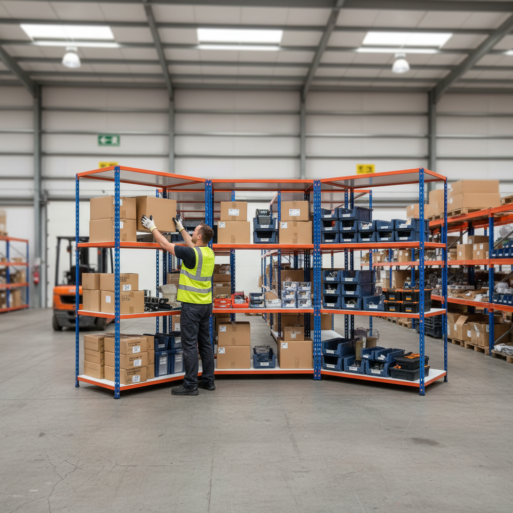 5x Heavy Duty Industrial Shelving - 1980mm High - 340kg Load Capacity - Blue & Orange - Side view