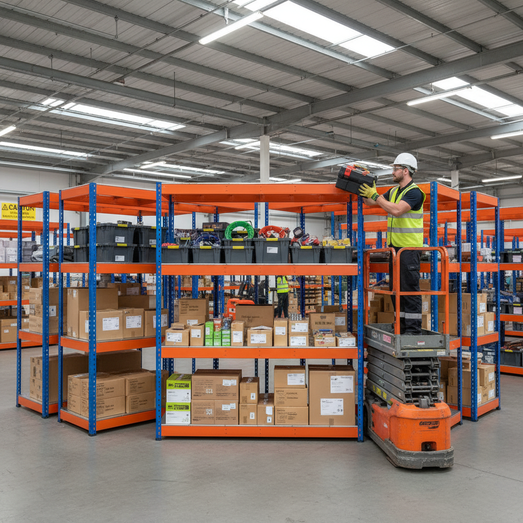 5x Heavy Duty Industrial Shelving - 2440mm High - 800kg Capacity - Steel - Blue & Orange - Side view