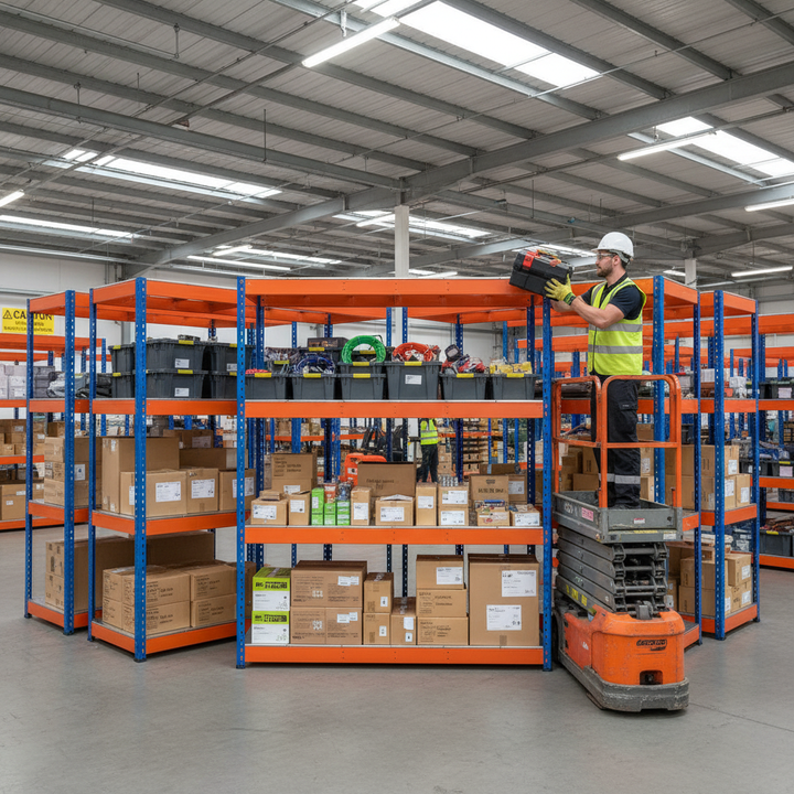 5x Heavy Duty Industrial Shelving - 2440mm High - 800kg Capacity - Steel - Blue & Orange - Side view
