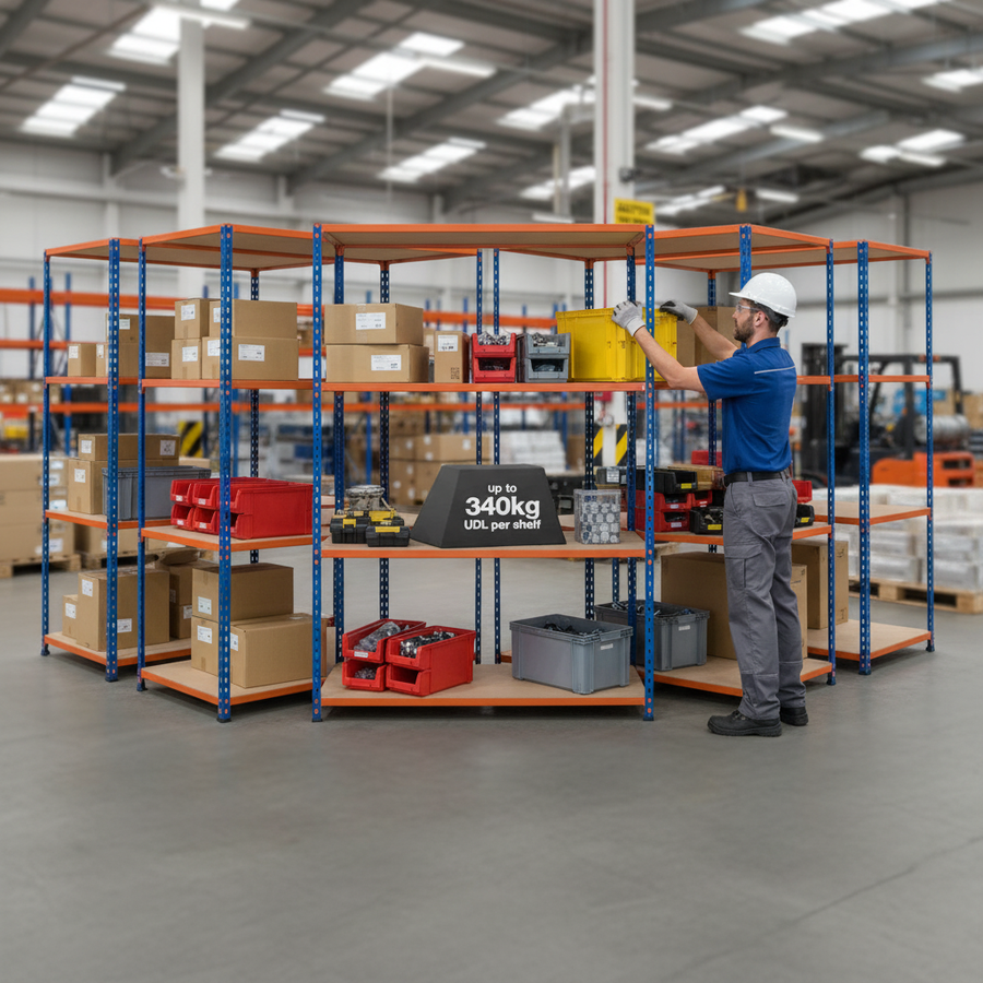 5x Heavy Duty Industrial Shelving - 2440mm High - 340kg Capacity - Chipboard - Front view
