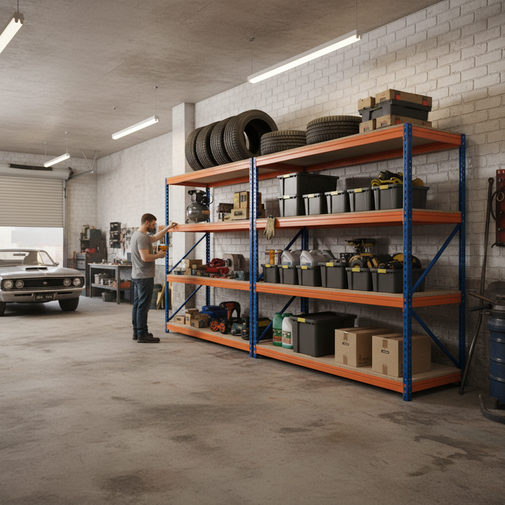 Premium Heavy Duty Garage Shelving - 1800mm High - 500kg Capacity - Blue & Orange - Side view