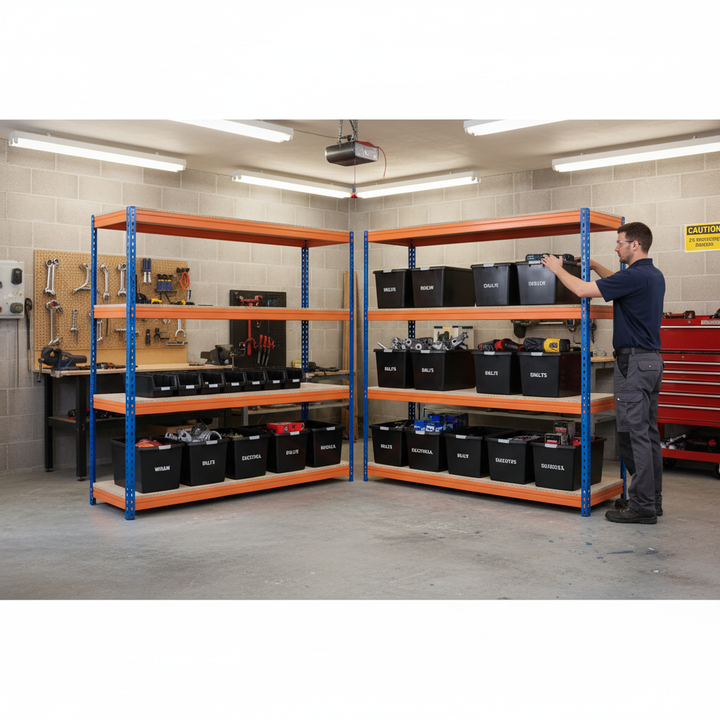 4x Heavy Duty Shelving - 2000mm High - Blue & Orange with 12x 37L Plastic Storage Boxes - Front view