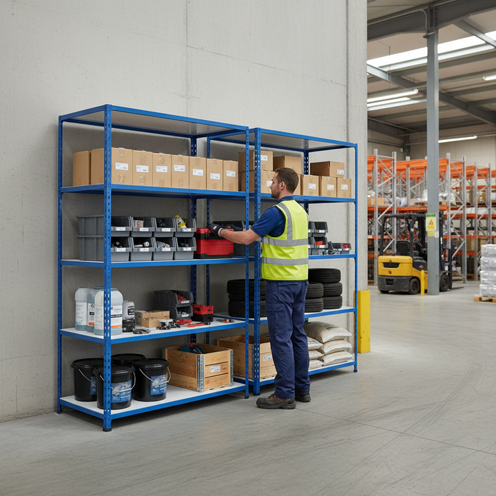 Heavy Duty Industrial Shelving - 2440mm High - 200kg Capacity - Melamine - Blue - Side view