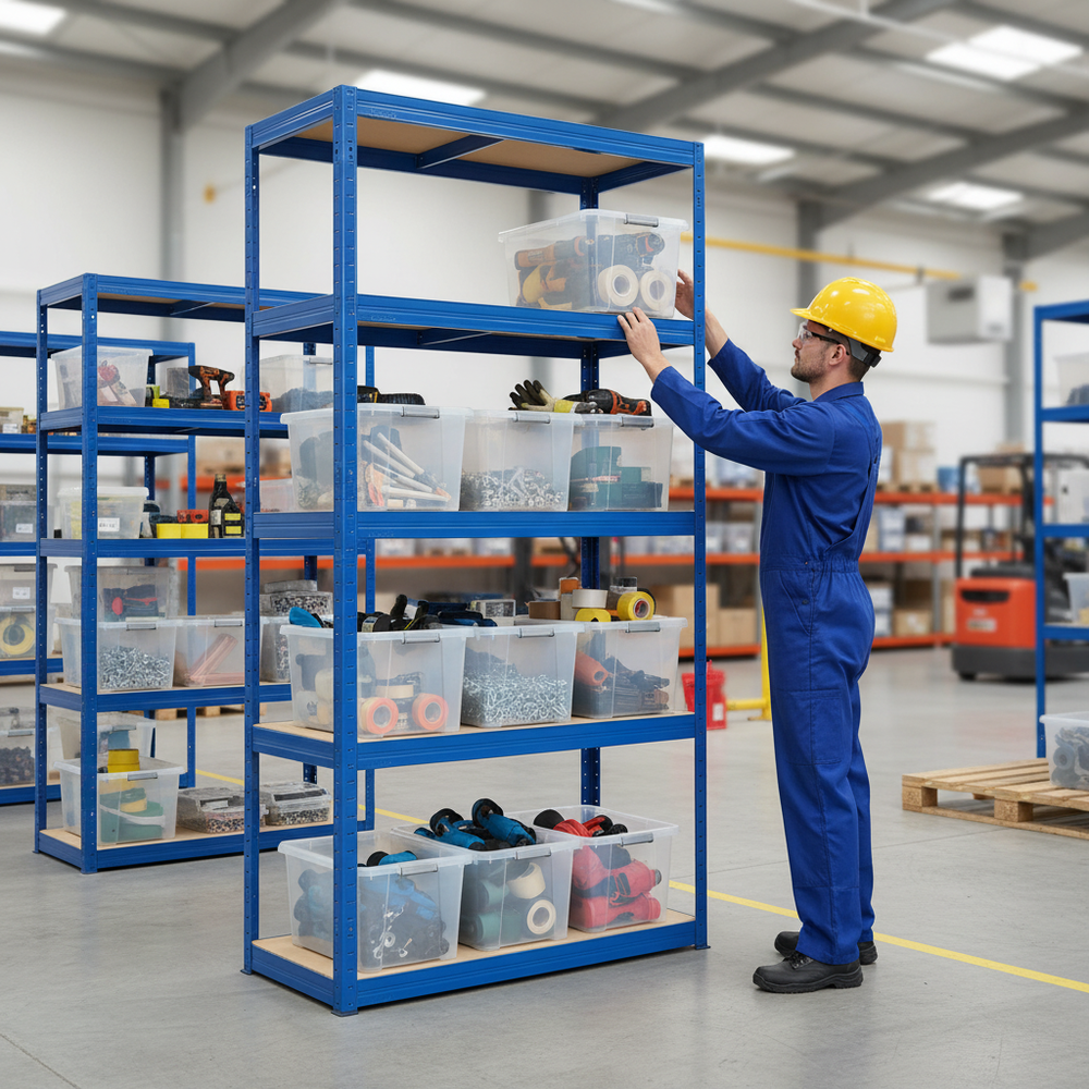 Premium Heavy Duty Shelving Unit - 1800mm High with 12x 60L Plastic Storage Boxes - Side view