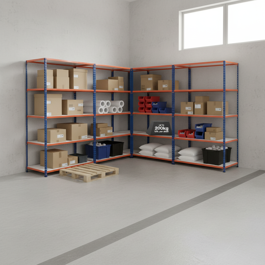 Premium Industrial Shelving - 1830mm High - 200kg Capacity - Blue & Orange - Front view
