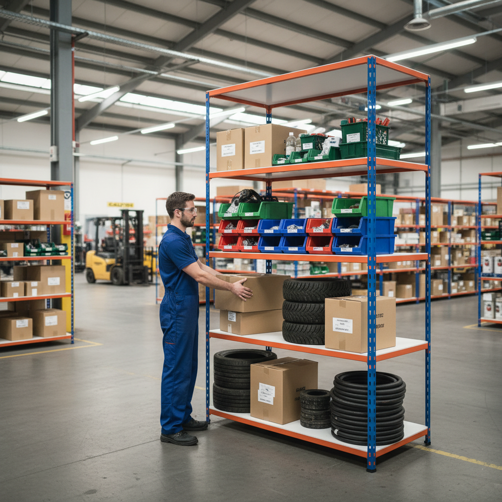 Heavy Duty Industrial Shelving - 1830mm High - 200kg Capacity - Melamine - Blue & Orange - Side view