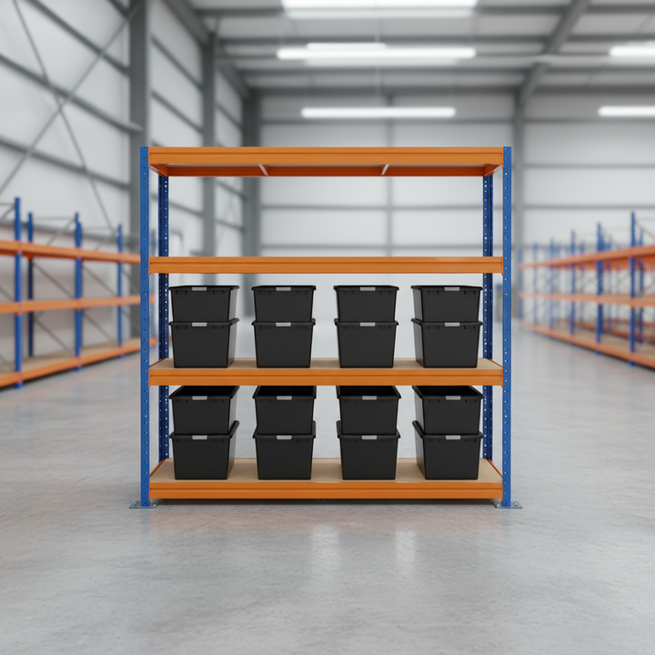 Premium Heavy Duty Shelving - 1770mm High with 12x 62L Plastic Storage Boxes - Front view