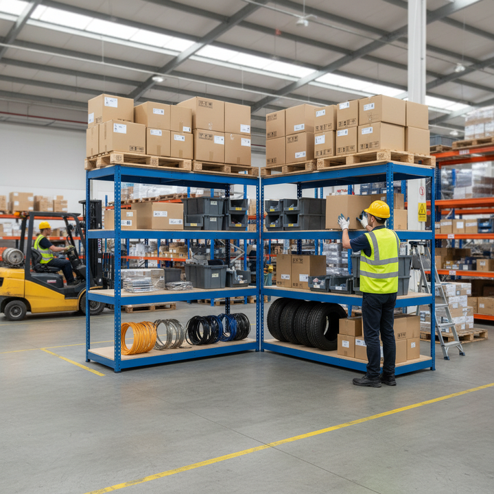 5-Level Heavy Duty Industrial Shelving - 1980mm High - 400kg Capacity - Chipboard - Blue - Side view