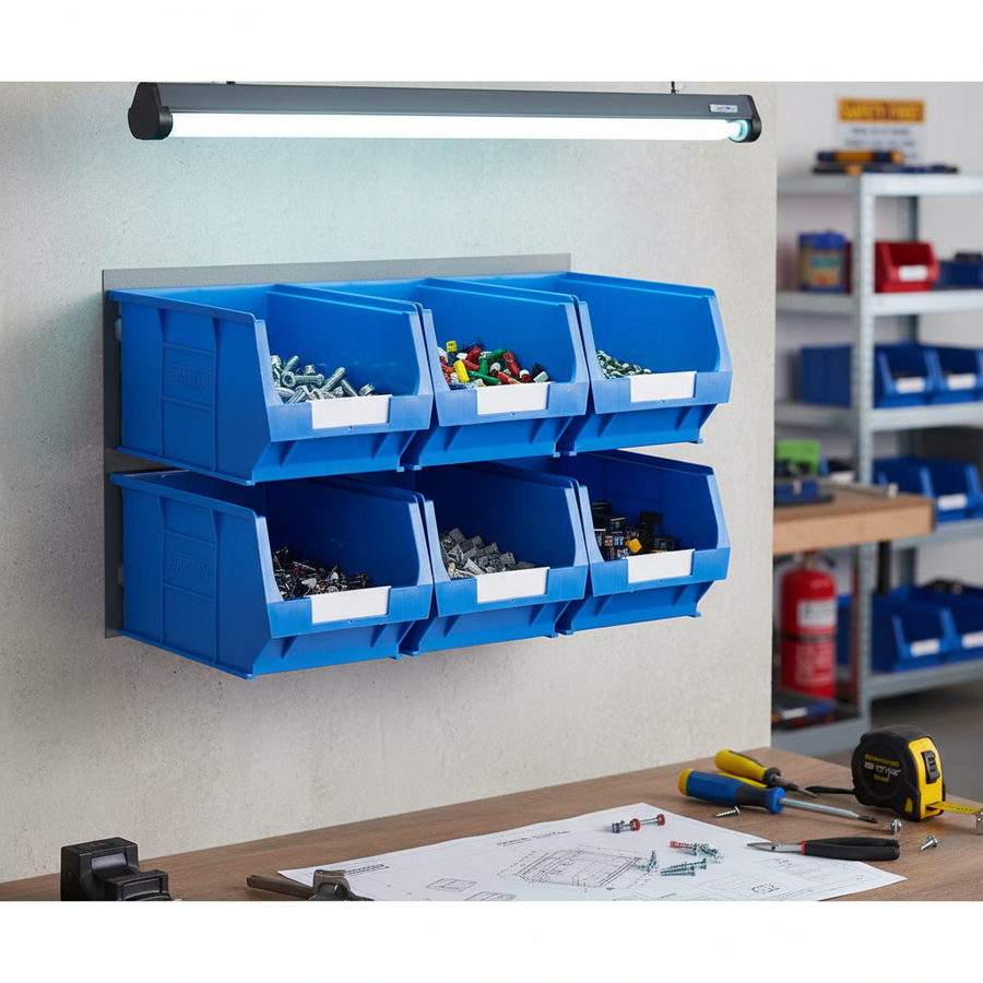 Heavy Duty Louvre Panel Kit with 6 Removable Pick Bins for Storage - Front view