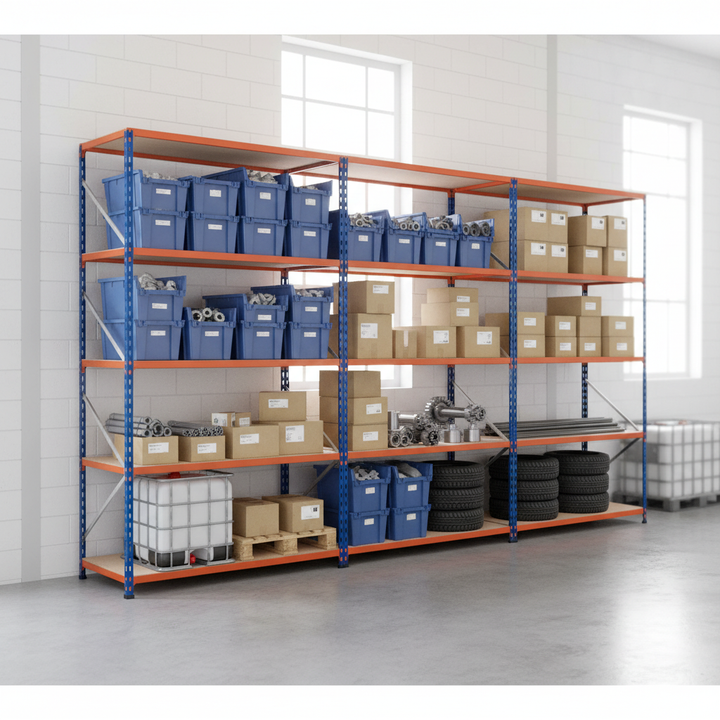 3x Premium Industrial Shelving - 2440mm High - 200kg Capacity - Chipboard - Front view