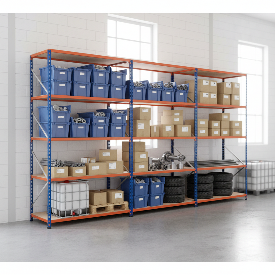 3x Premium Industrial Shelving - 2440mm High - 200kg Capacity - Chipboard - Front view