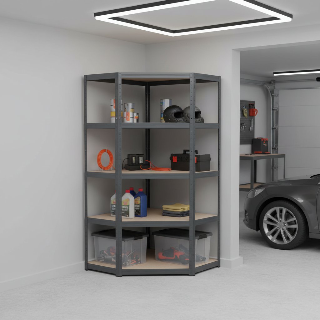Premium Garage Corner Shelving Unit - 1800mm High - 250kg Capacity - Grey - Front view