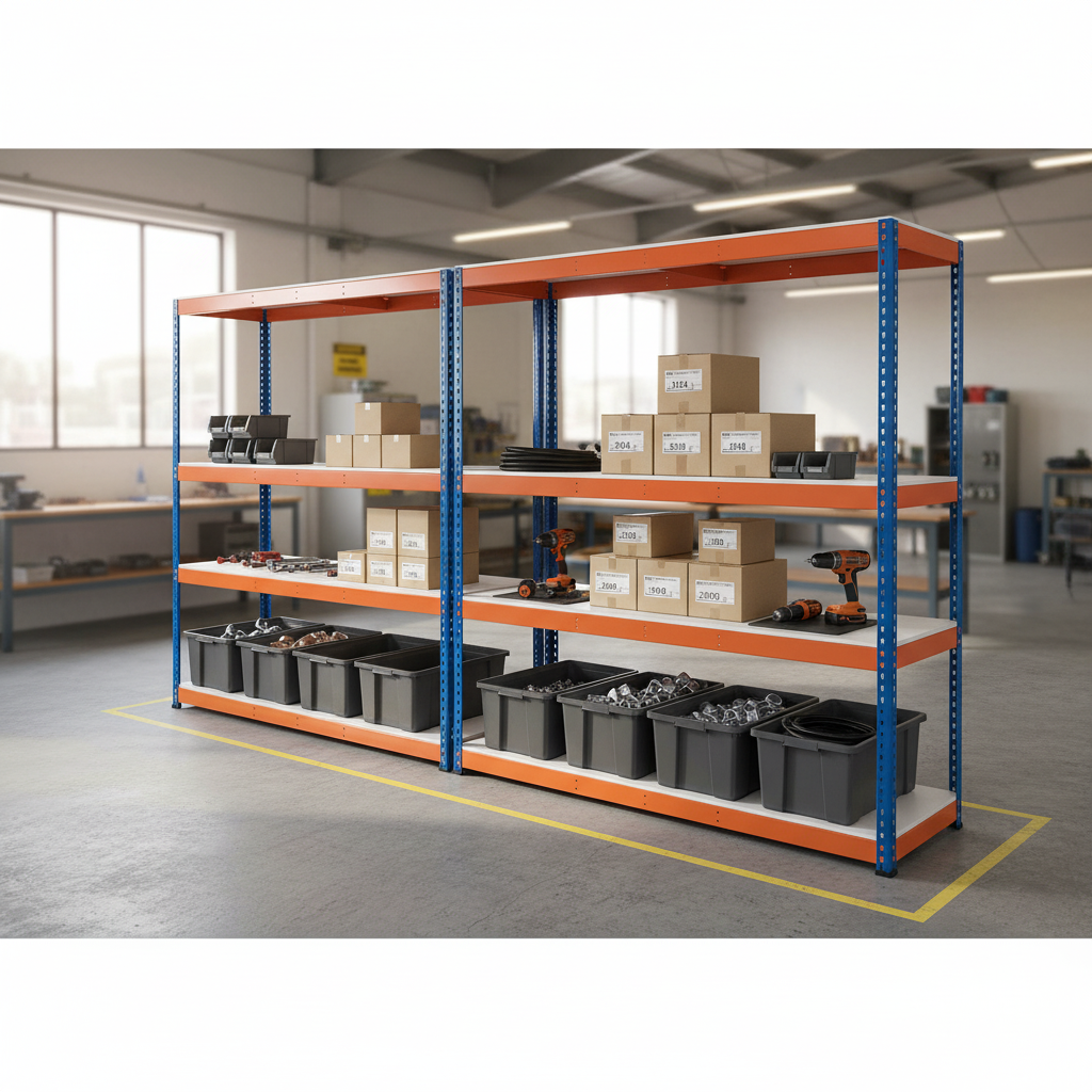Heavy Duty Industrial Shelving - 2440mm High - 400kg Capacity - Melamine - Blue & Orange - Front view