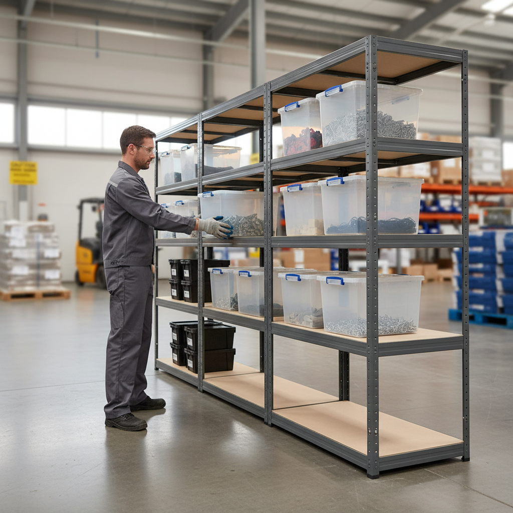 4x Premium Shelving Units - 1800mm High - Grey with 12x 33.5L Storage Boxes - Front view