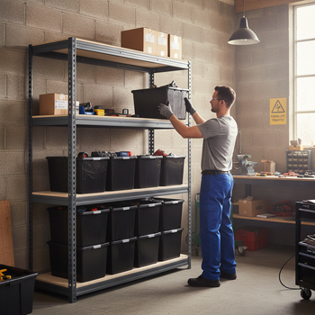 2x Heavy Duty Shelving Units - 1600mm High - Grey with 12x 37L Plastic Storage Boxes