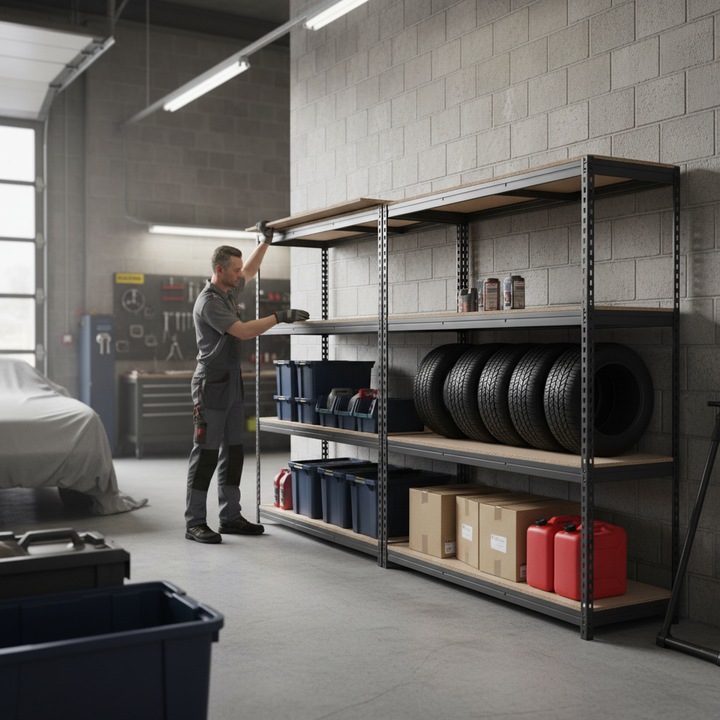 3x Premium Heavy Duty Garage Shelving - 2000mm High - 500kg Capacity - Grey - Front view