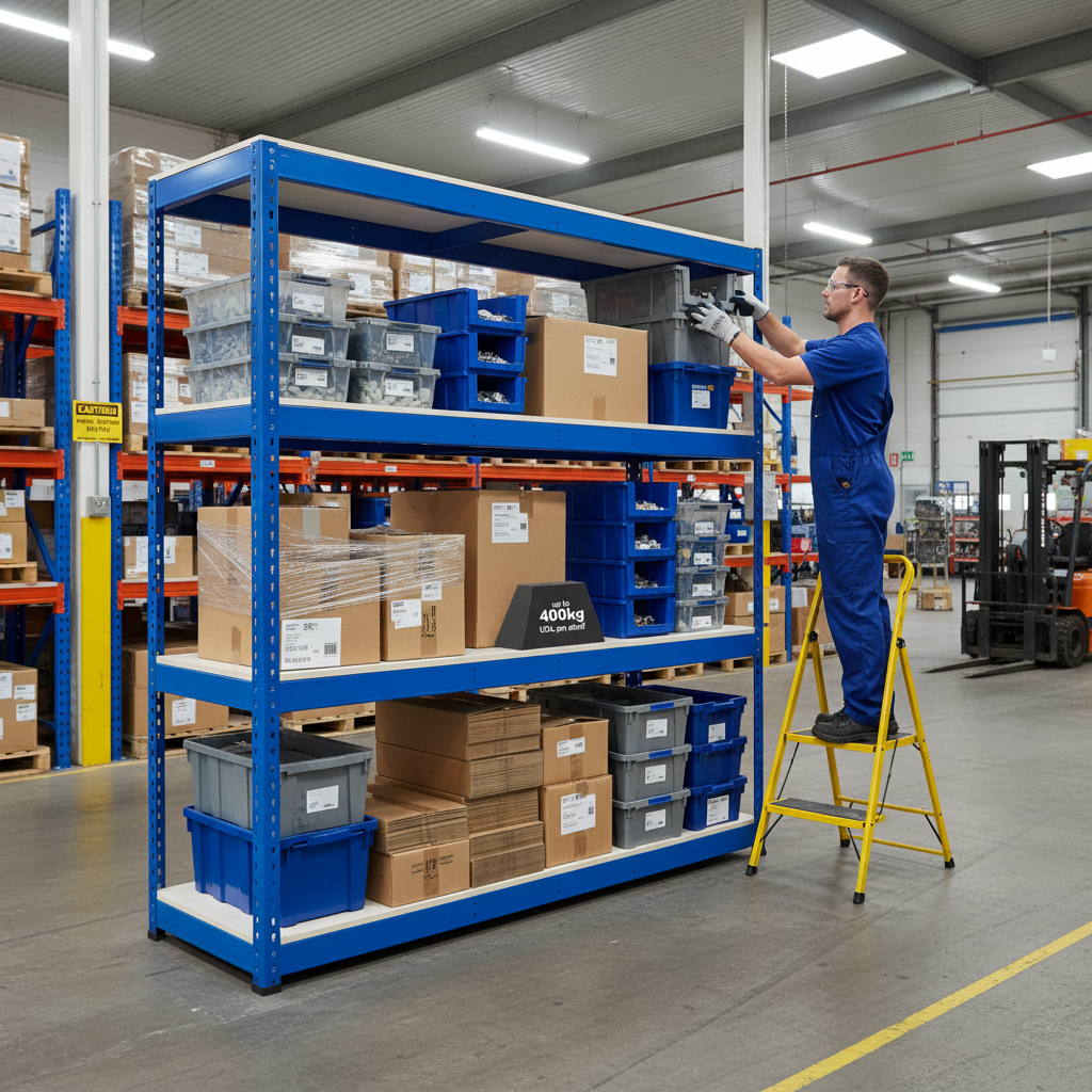 Premium Heavy Duty Industrial Shelving - 2440mm High - 400kg Load - Melamine - Blue - Side view