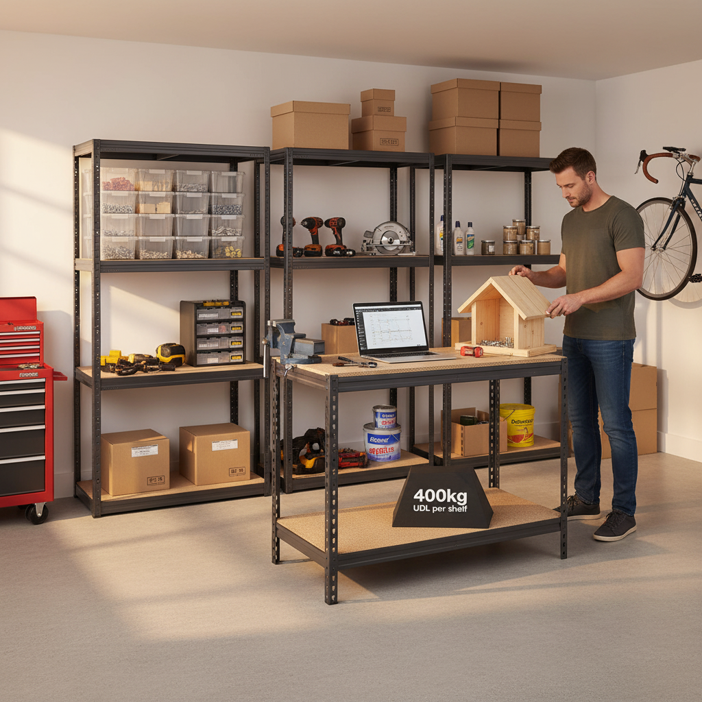 3x Heavy Duty Shelving Units - 1600mm High & 1x Workbench - 1200mm Wide - Grey - Front view
