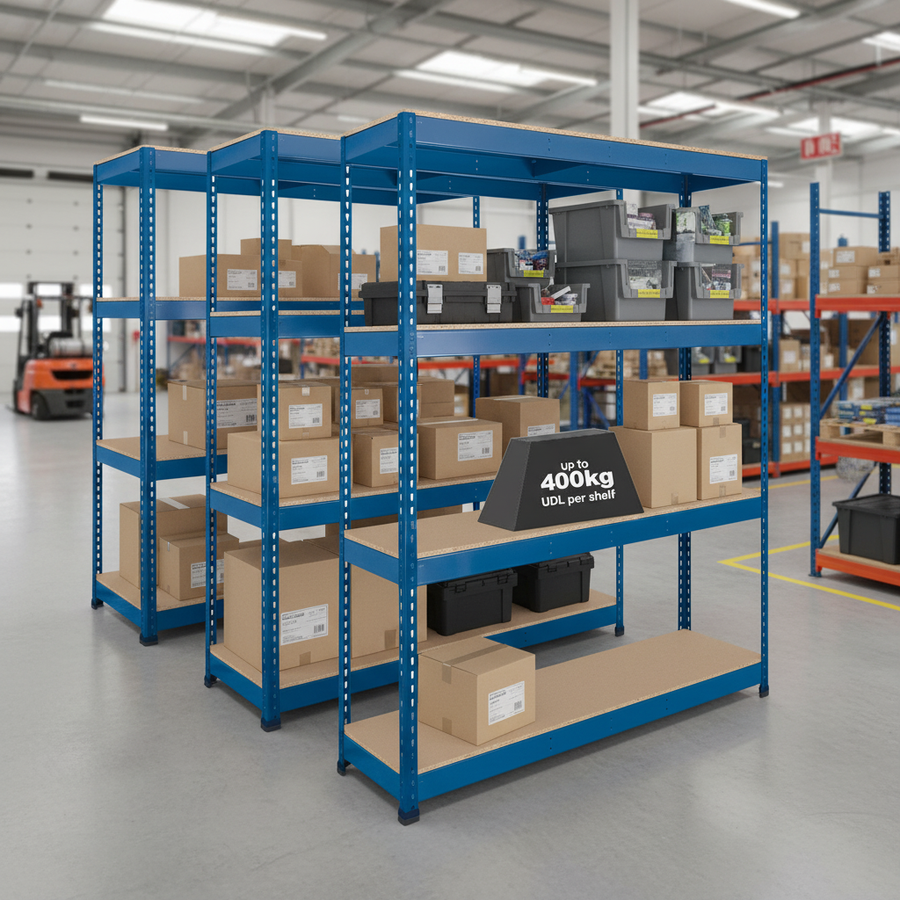Heavy Duty Industrial Shelving - 1980mm High - 400kg Capacity - Chipboard - Blue - Front view