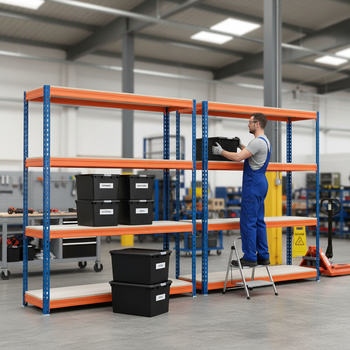 2x Heavy Duty Shelving - 1600mm High - Blue & Orange with 12x 62L Storage Boxes