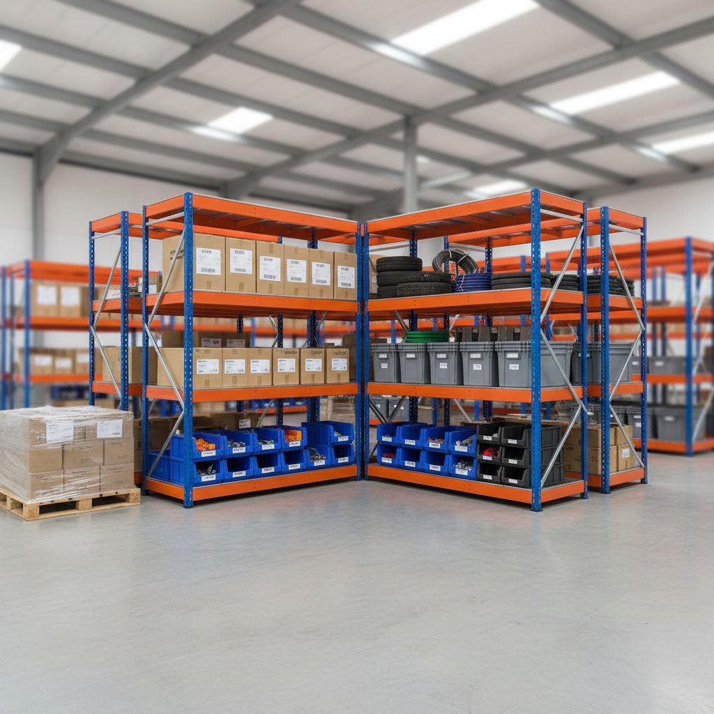 5x Heavy Duty Industrial Shelving - 1980mm High - 400kg Capacity - Steel - Blue & Orange - Front view