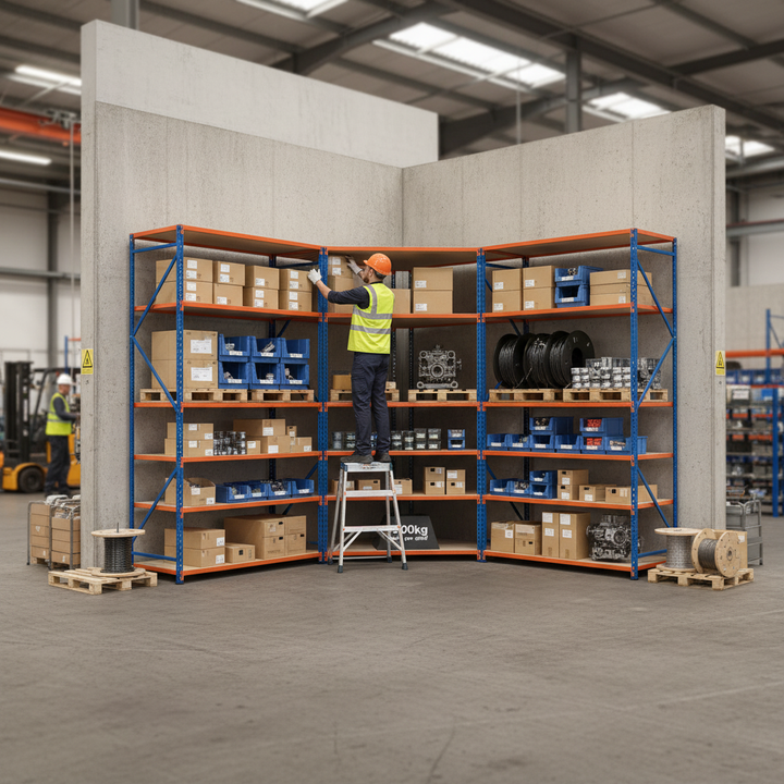 5x Heavy Duty Industrial Shelving - 1830mm High - 200kg Capacity - Chipboard - Side view
