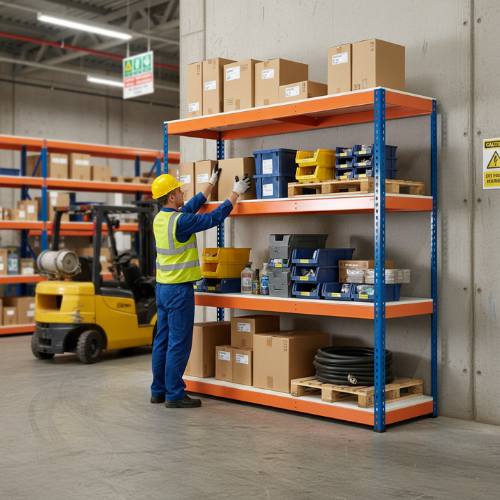 Premium Heavy Duty Industrial Shelving - 1677mm High - 400kg Capacity - Melamine - Blue & Orange - Side view