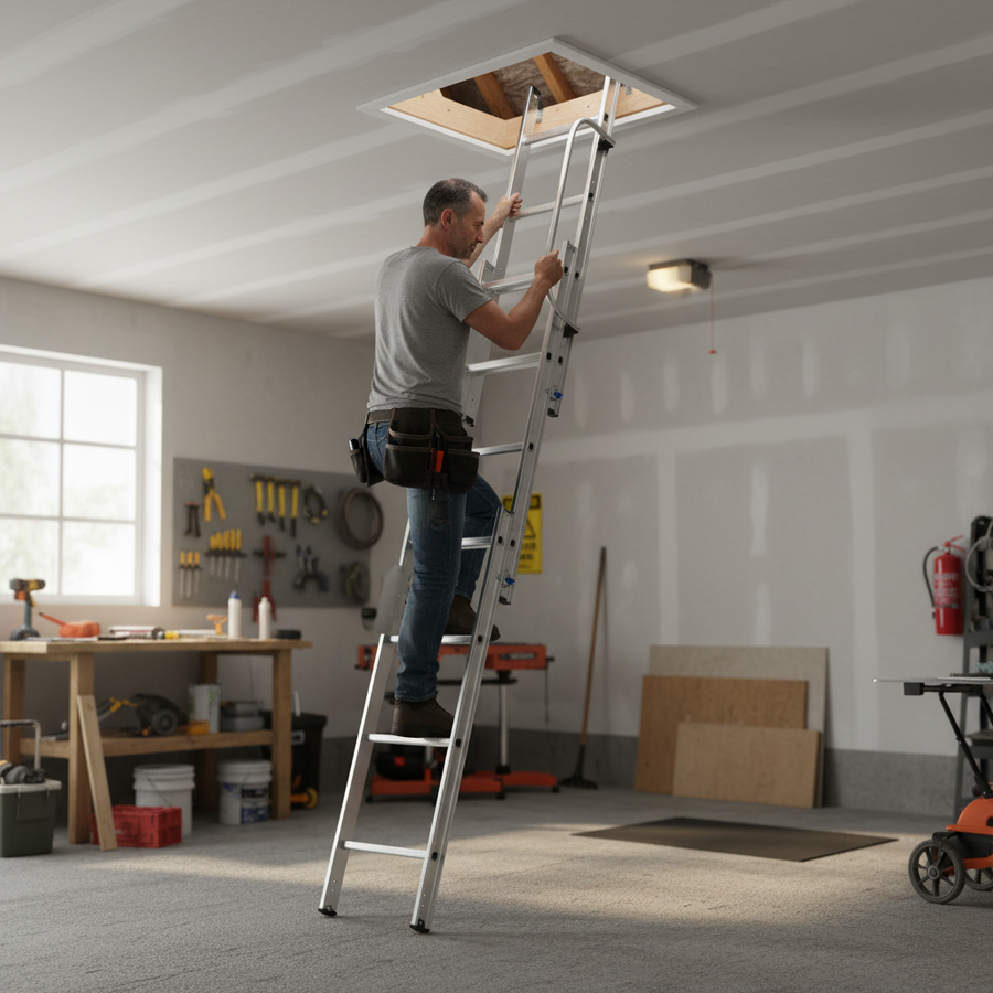 Heavy Duty Aluminium Loft Ladder with Handrail - 3 Section Design - Front view