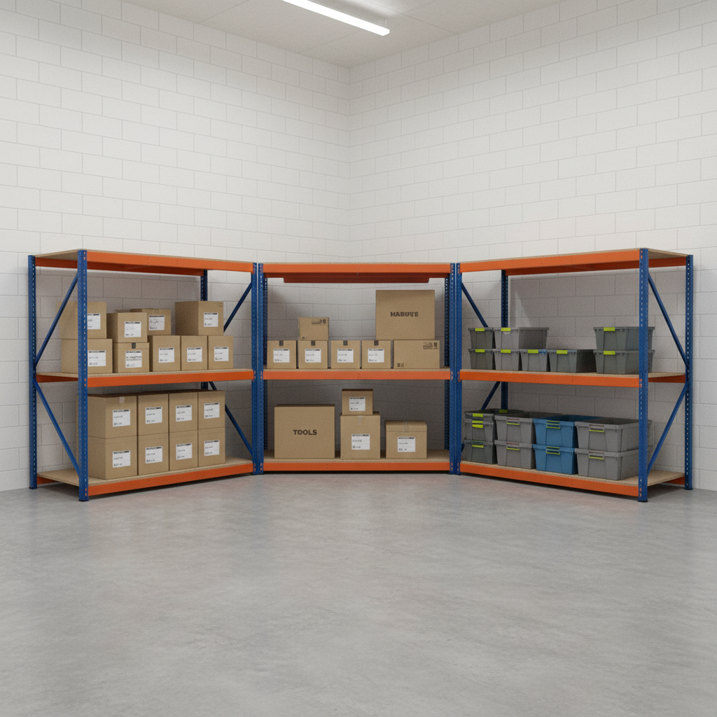 5x Heavy Duty Industrial Shelving - 3050mm High - 800kg Capacity - Chipboard - Front view