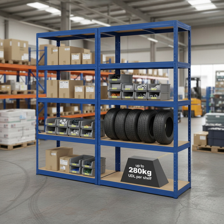 Premium Industrial Shelving - 1800mm High - 200/280kg Capacity - Blue - Front view