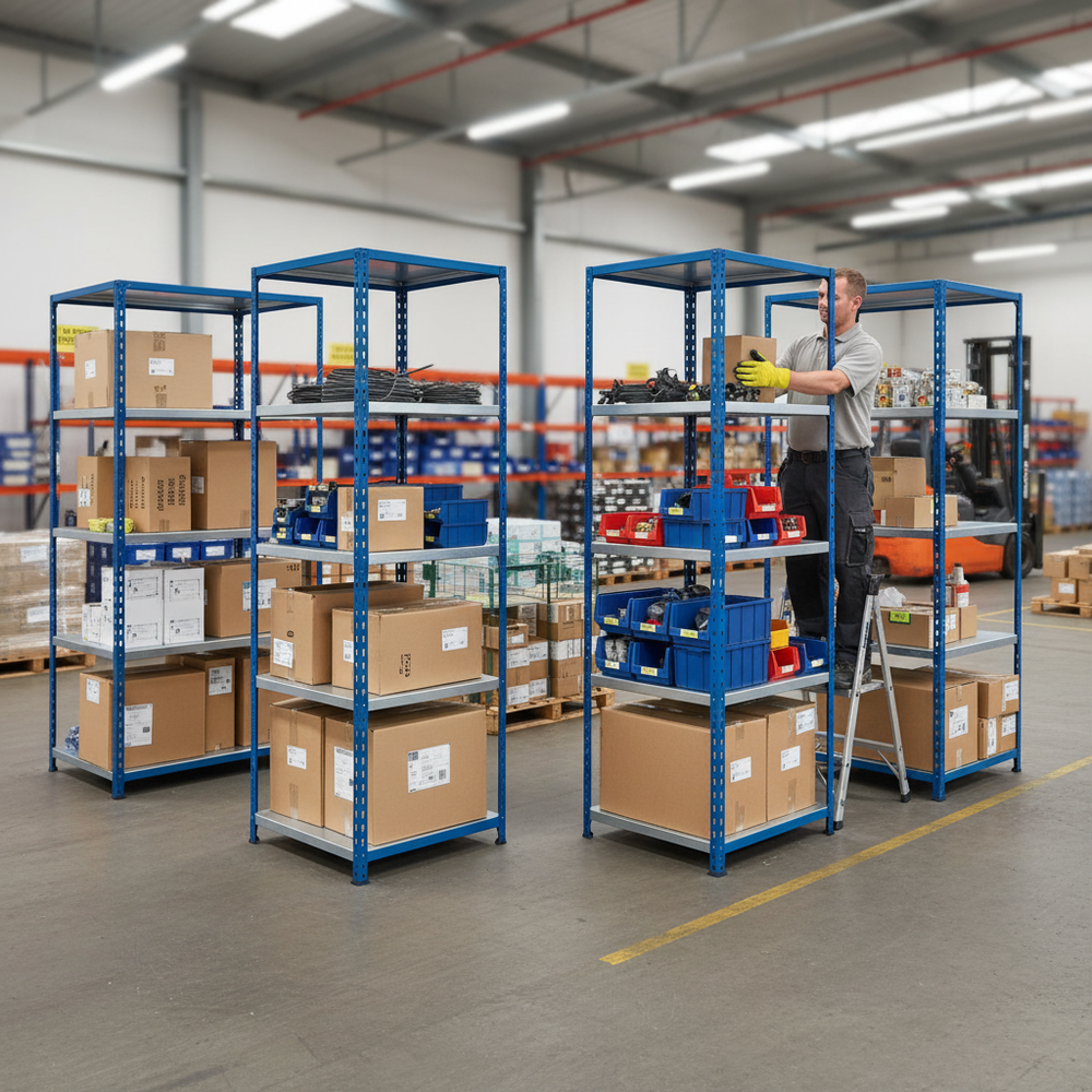 5x Premium Industrial Shelving - 2440mm High - 200kg Load Capacity - Steel - Blue Finish - Side view