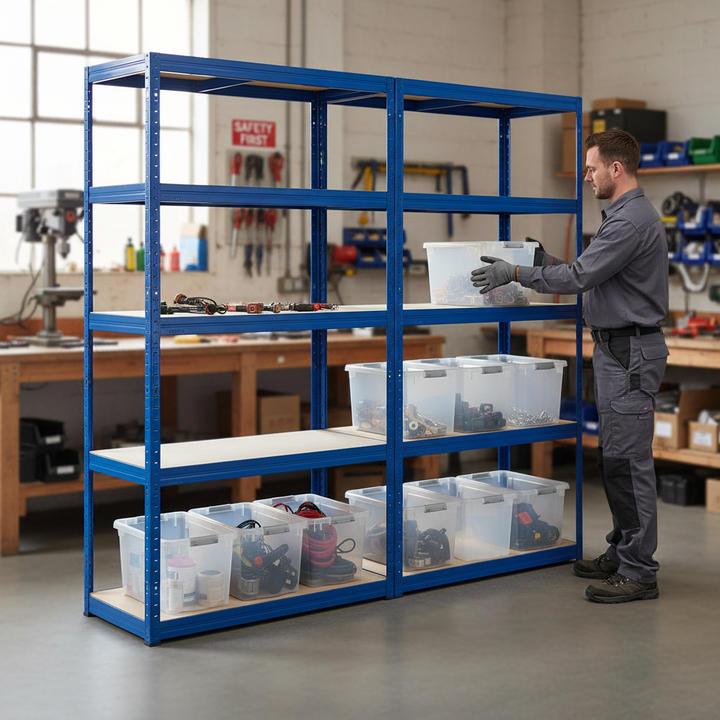 Premium 2x Shelving Units with 12x 60L Plastic Storage Boxes - 2130mm High - Front view