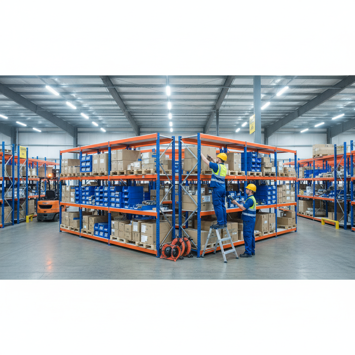 5x Heavy Duty Industrial Shelving - 3050mm High - 800kg Capacity - Melamine - Blue & Orange - Side view