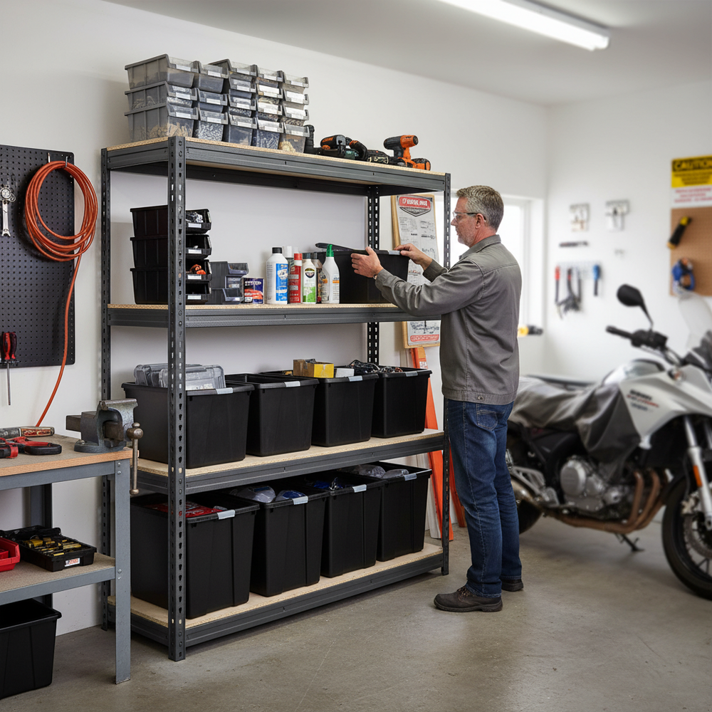 Premium Heavy Duty Shelving - 2200mm High - Grey with 8x 62L Plastic Storage Boxes - Side view