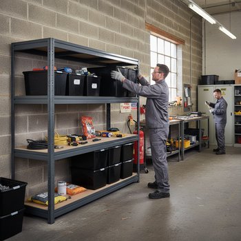 3x Heavy Duty Shelving - 1770mm High with 12x 62L Plastic Storage Boxes