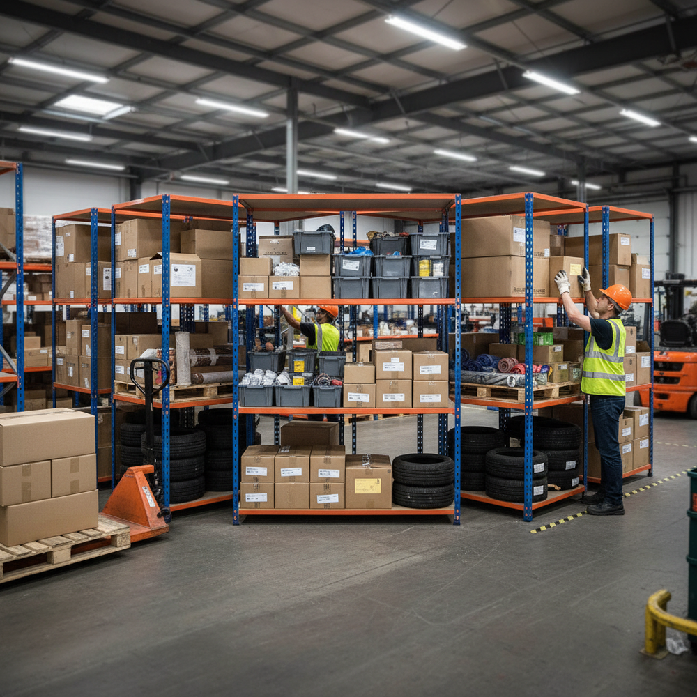 5x Heavy Duty Industrial Shelving - 3050mm High - 340kg Capacity - Chipboard - Blue & Orange - Side view