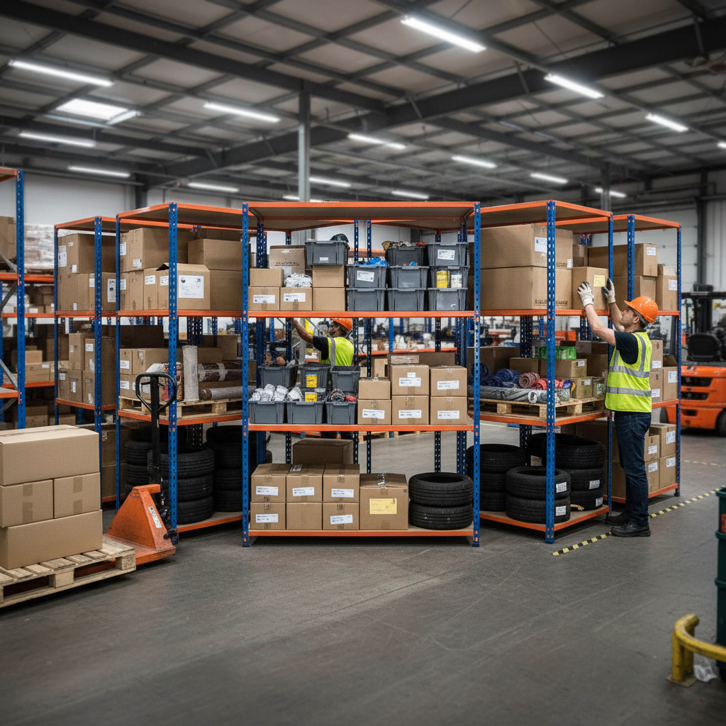 5x Heavy Duty Industrial Shelving - 3050mm High - 340kg Capacity - Chipboard - Blue & Orange - Side view