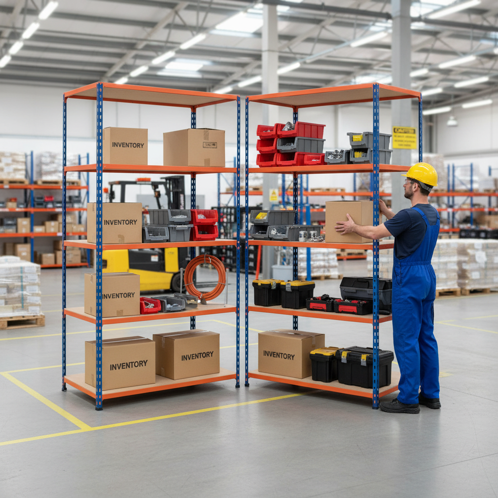 Heavy Duty Industrial Shelving - 1980mm High - 340kg Capacity - Chipboard - Blue & Orange - Side view