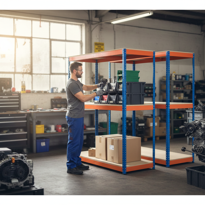 Heavy Duty Industrial Shelving - 2440mm High - 800kg Capacity - Chipboard - Blue & Orange - Front view