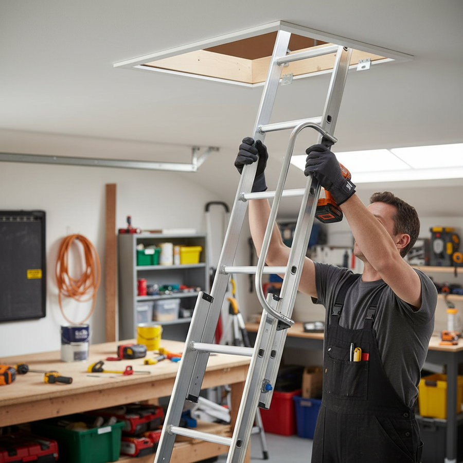 Premium Aluminium Loft Ladder with Handrail - 2 Section - Front view